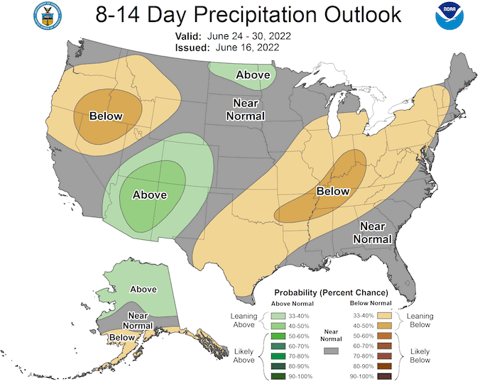Odds favor near- or below-normal precipitation across most of the Midwest from June 24-30, according to the Climate Prediction Center