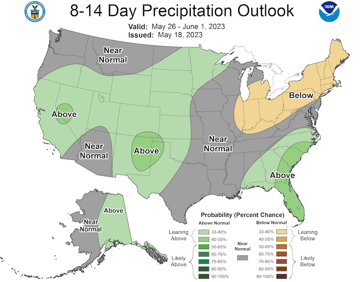 From May 26 to June 1, odds favor above-normal precipitation in portions of the Plains, with below-normal precipitation further east in the Midwest.