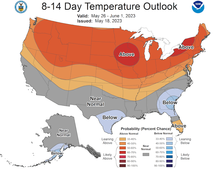 For May 26 to June 1, odds favor above-normal temperatures across the north central United States.