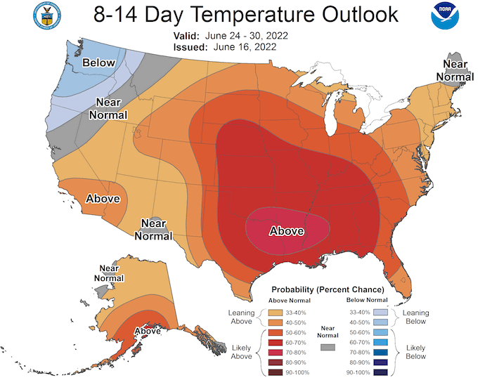 Odds favor above-normal temperatures across the Midwest from June 24-30, according to the Climate Prediction Center
