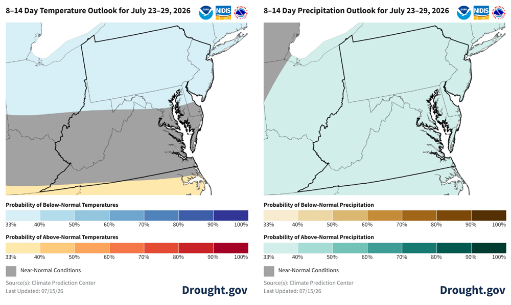 Temperatures are expected to be near normal for the southern half of the Mid-Atlantic, while northern portions have a 33% to 40% chance of being below-normal. There is a 33% to 40% chance of above-normal precipitation across the entire region.