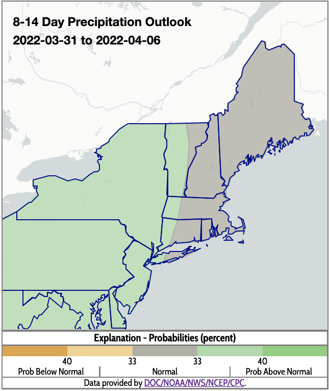 Climate Prediction Center 8-14 day precipitation outlook for the Northeast, showing the probability of above, below, or near normal conditions from March 31–April 6, 2022.
