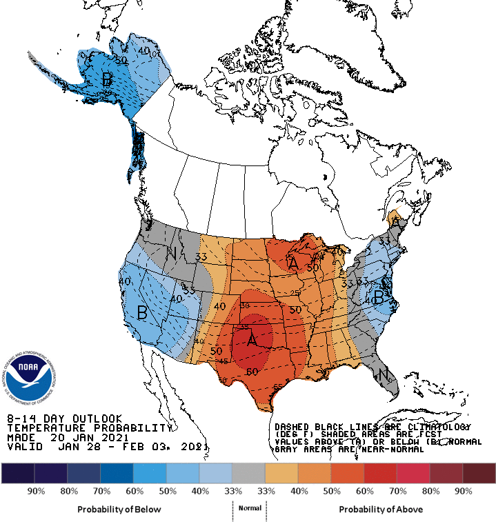 Climate Prediction Center 8-14 day temperature outlook, valid for January 28 - February 3, 2021. Show probability of below-normal temperatures throughout California and Nevada.