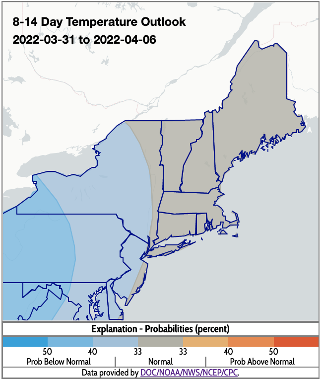 Climate Prediction Center 8-14 day temperature outlook for the Northeast, showing the probability of above, below, or near normal conditions from March 31-April 6, 2022.
