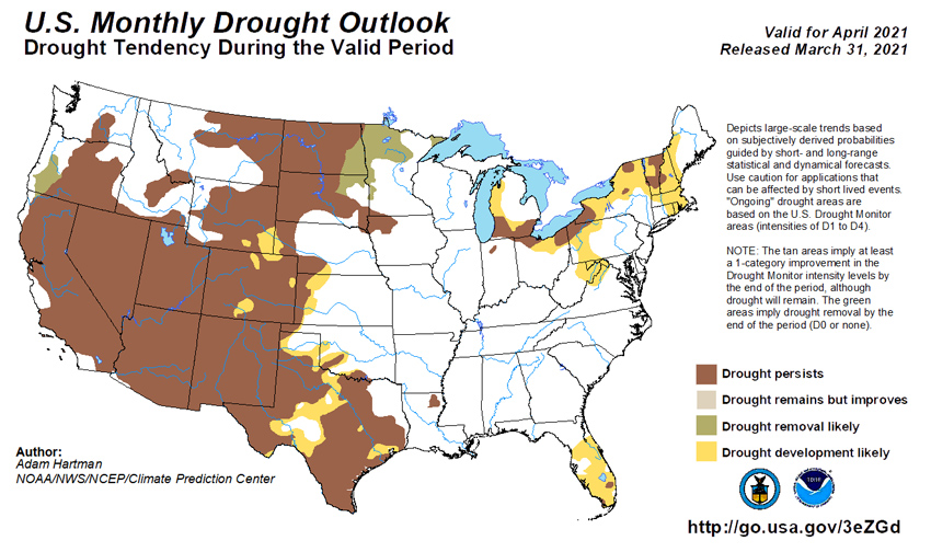 Climate Predication Center Monthly Drought Outlook for April 2021. Drought removal is likely in northern Minnesota, southeastern North Dakota, and northeastern South Dakota. Development is likely in parts of WY, CO, NE, and KS.