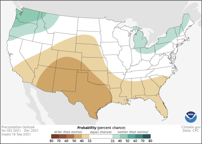 Climate Prediction Center 3-month precipitation outlook for October to December 2021. Odds slightly favor below-normal precipitation across most of the Southeast.