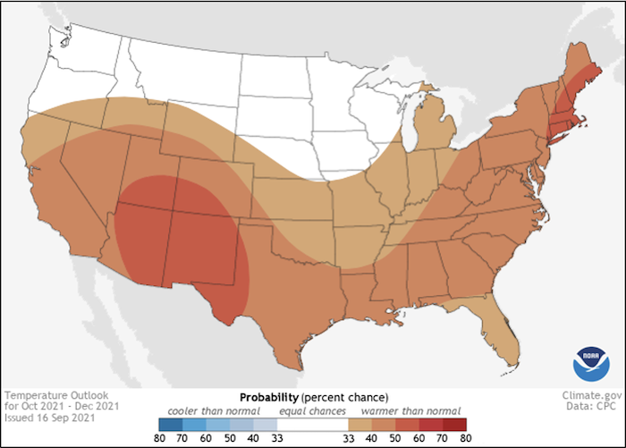 Climate Prediction Center 3-month temperature outlook, valid for October to December 2021. Odds favor above-normal temperatures across the Southeast,.