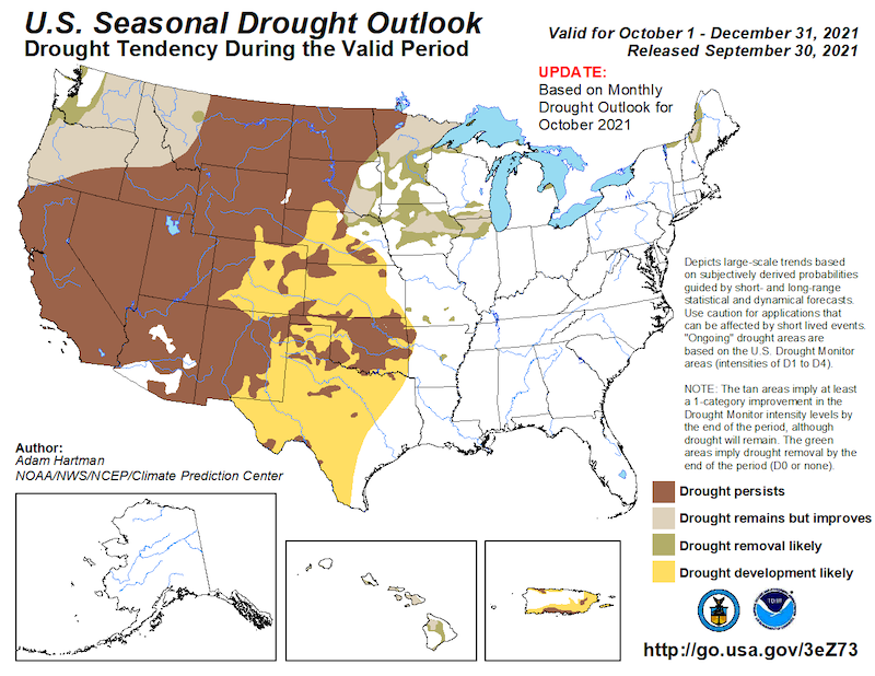 U.S. Seasonal Drought Outlook for October 1 to December 31, 2021, showing the likelihood that drought will improve, worsen, develop, or remain the same. Drought is expected to persist throughout most of California and Nevada.