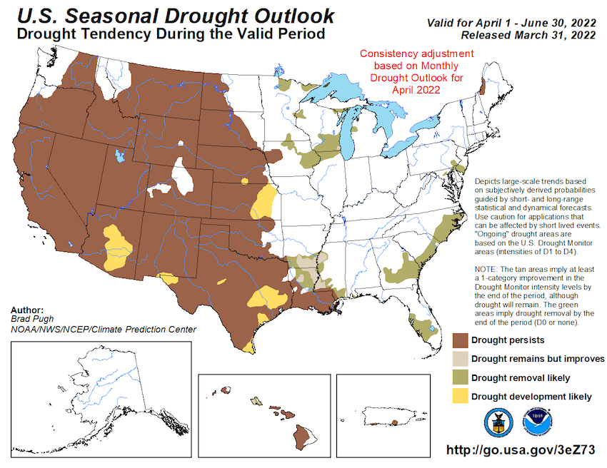 U.S. Seasonal Drought Outlook for April 1 to June 30, 2022, showing the likelihood that drought will develop, remain, improve, or be removed.  Drought is likely to persist throughout California and Nevada.