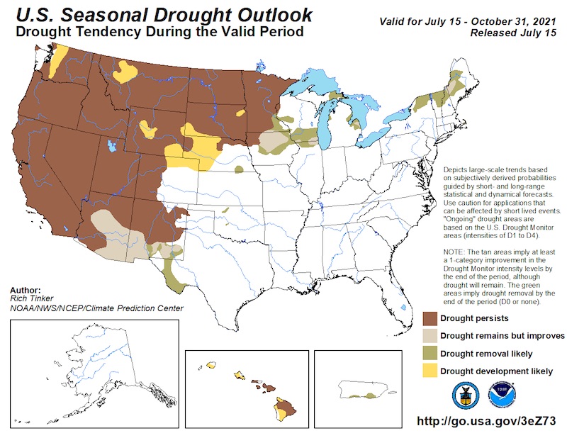 A map of the continental United States showing the probability drought conditions persisting, improving, or developing July 15–October 31, 2021. Current drought conditions over the western U.S. are forecast to persist.