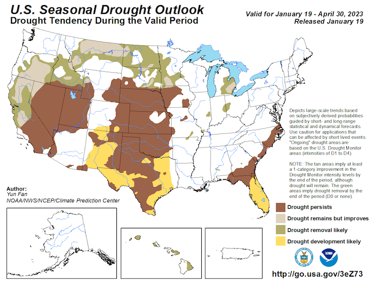 The drought outlook for January 19 to April 30 shows a pattern of drought removal for some parts of central and northern California, and drought remaining but with improvement in northern California and central Oregon with improvements into Idaho. Drought persistence is expected for the remainder of southern California, Nevada, Utah eastern Colorado, and western and eastern Wyoming. 