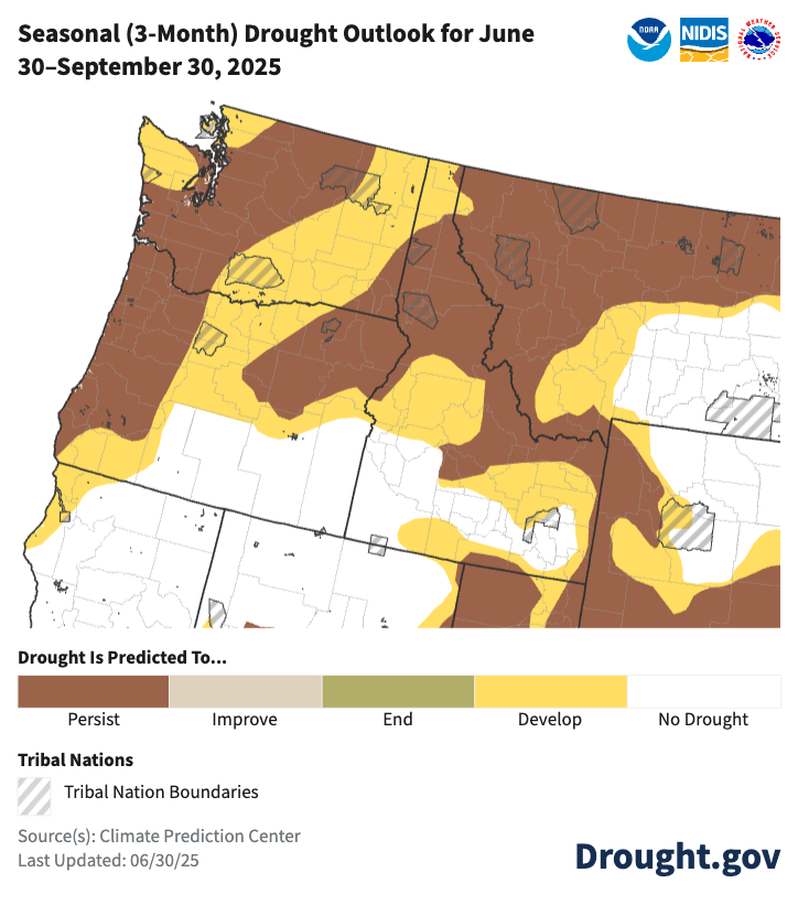 NOAA’s Climate Prediction Center predicts that drought will persist and potentially develop across Montana, Idaho, Washington, and Oregon this summer.