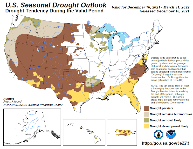 Climate Prediction Center seasonal drought outlook, showing the probability drought conditions persisting, improving, developing, or being removed across the U.S. from December 16, 2021 to March 31, 2022.