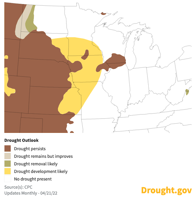 3-month drought outlook for the Midwest. From April 21 to July 31, drought is predicted to develop across western Iowa, southern Minnesota, and northern Missouri.