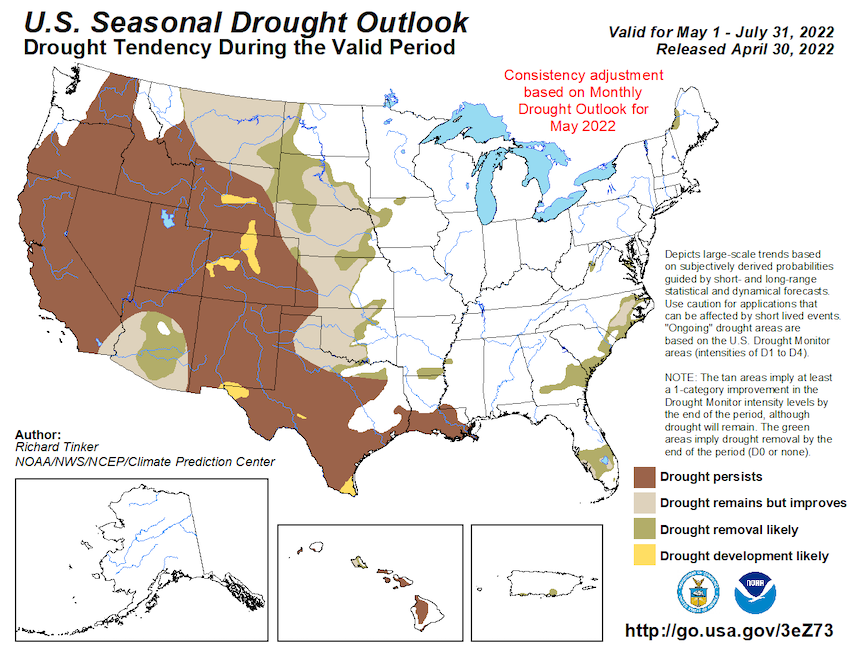 U.S. Seasonal Drought Outlook for May 1 to July 31, 2022, showing the likelihood that drought will develop, remain, improve, or be removed. Drought is expected to persist in California and Nevada over the next three months.