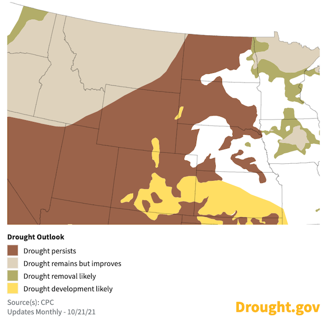 Climate Prediction Center 3-month drought outlook for the Missouri River Basin, valid for October 12, 2021 to January 31, 2022. 
