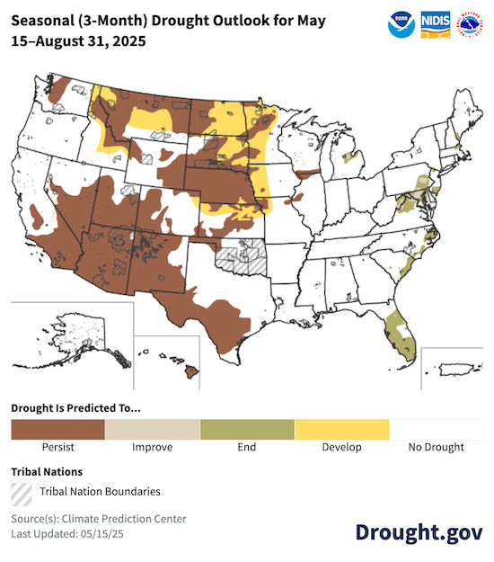 The 3-month drought outlook for May 15 to August 31, 2025 predicts that drought will persist across much of the Western U.S., with new drought development across parts of the Missouri River Basin. Drought improvement or removal is forecast for the Eastern U.S.