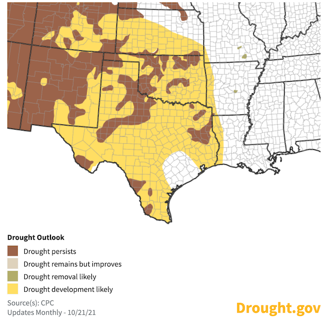 Climate Prediction Center's seasonal drought outlook, predicting where drought is likely to worsen, improve, or remain the same from October 12, 2021–January 31, 2022.