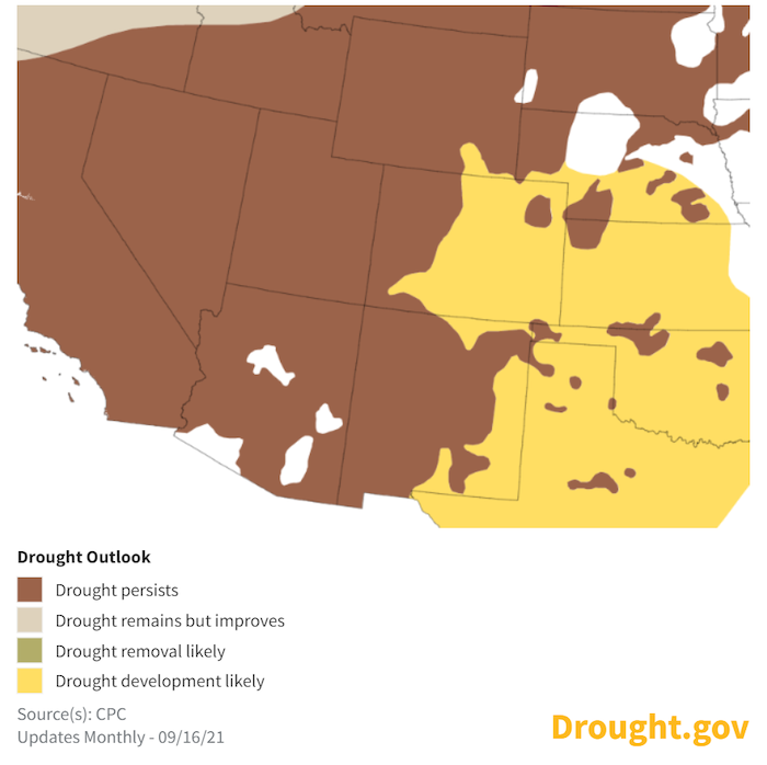 A map of the continental United States showing the probability drought conditions persisting, improving, or developing from September 16 through December 31, 2021. Current drought conditions over the western U.S. are forecast to persist.