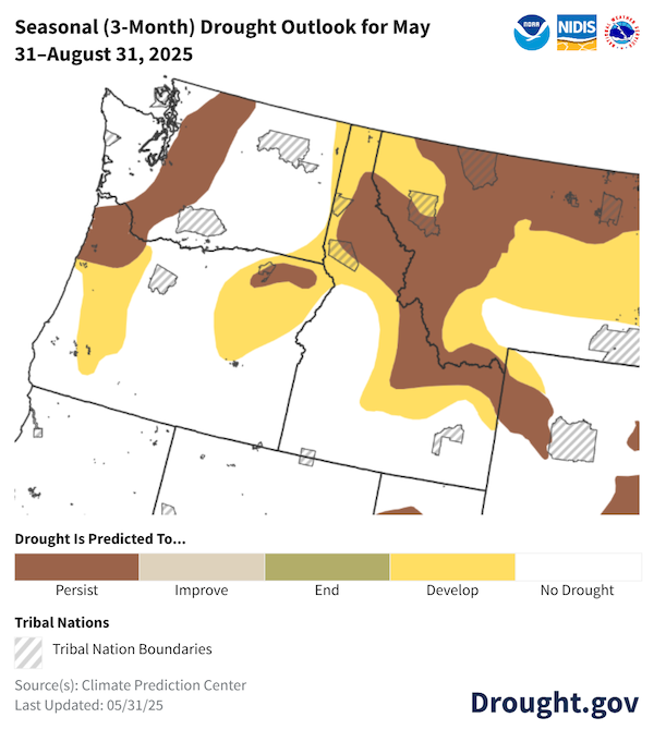 The Climate Prediction Center expects drought conditions to persist across tribal lands just east of the Puget Sound in central Washington, northwestern and northeastern Oregon, northern Idaho, and northwestern Montana, and further develop across tribal lands in western and eastern Oregon, northern Idaho, and northwestern Montana.