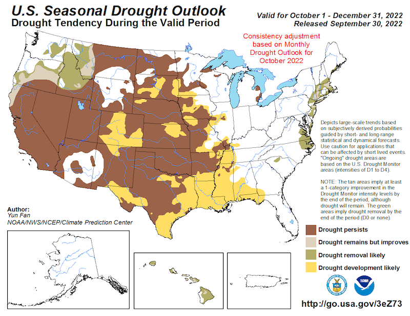 From October 1 to December 31, 2022, drought is likely to persist across most of California and Nevada, except northwestern California, where drought is likely to remain but improve.