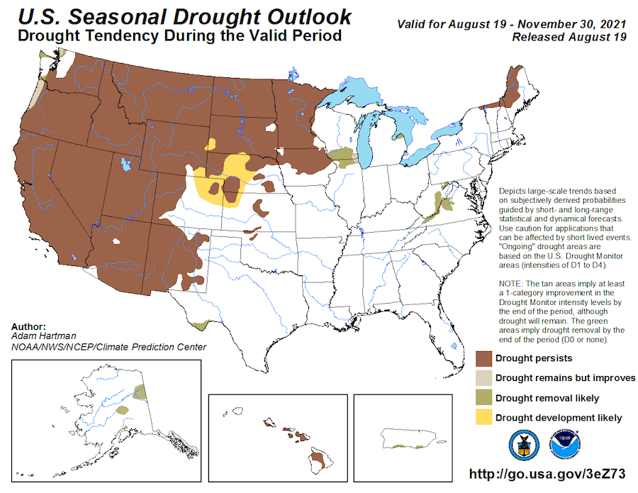Climate Prediction Center seasonal drought outlook, showing the probability drought conditions persisting, improving, or developing from September to November 2021. Existing drought in California and Nevada is likely to persist through November.