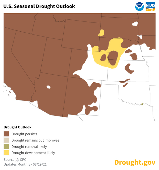 A map of the continental United States showing the probability drought conditions persisting, improving, or developing August 19–November 30, 2021. urrent drought conditions over the western U.S. are forecast to persist.