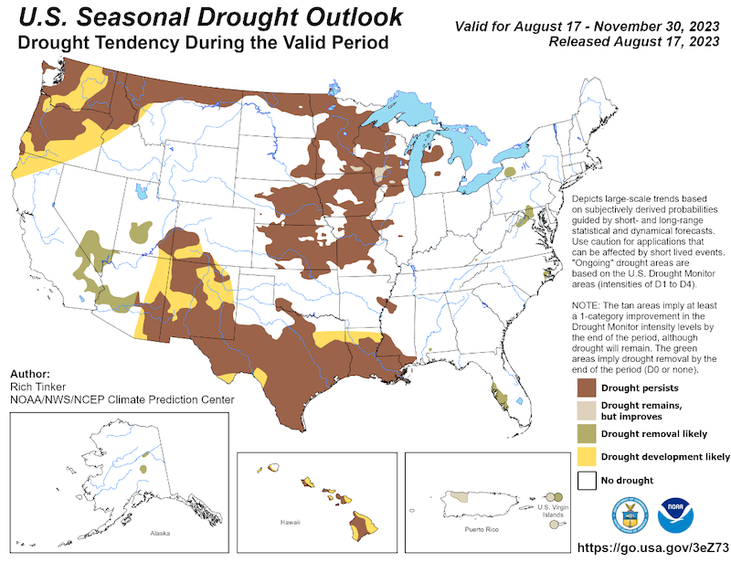 The seasonal drought outlook for August 17 to November 30 predicts that drought will remain but improve in Puerto Rico, Saint Thomas, and Saint Croix, and drought will be removed on Saint John.