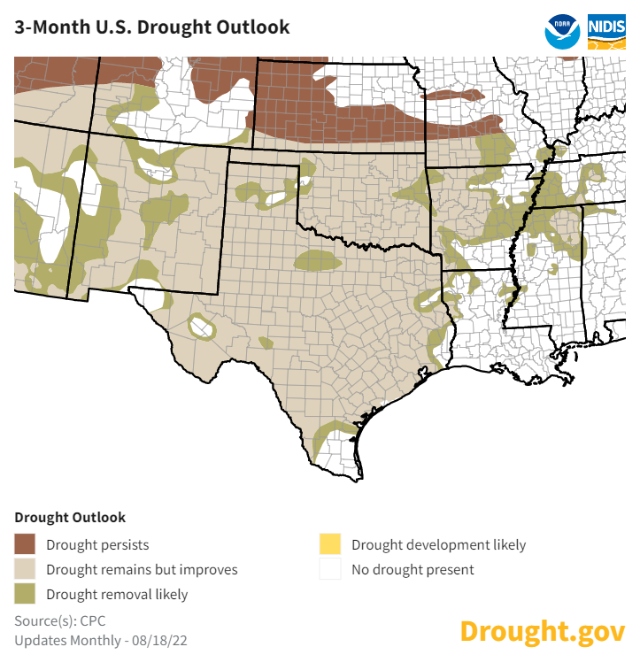 From August 18 to November 30, 2022, pockets of Western Kansas, Oklahoma, Texas, and eastern New Mexico are experiencing severe to exceptional drought.