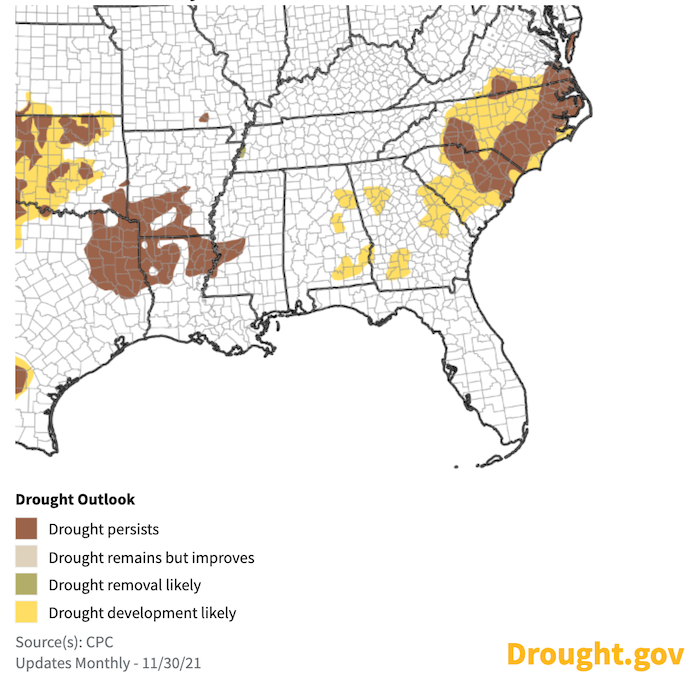 Climate Prediction Center 1-month drought outlook for the Southeast, showing where drought is expected to develop, persist, improve, or be removed in December 2021.