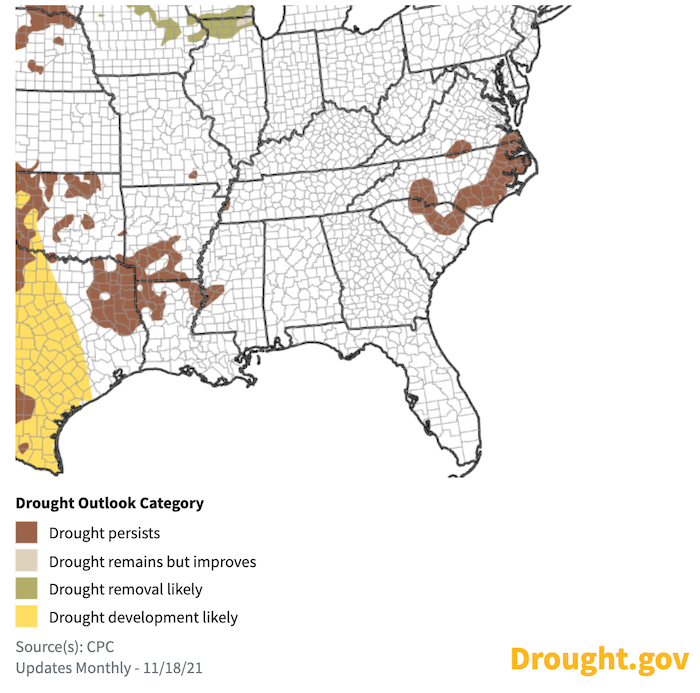 Climate Prediction Center seasonal drought outlook, showing the probability drought conditions persisting, improving, developing, or being removed across the Southeast from November 18, 2021 to February 2022.
