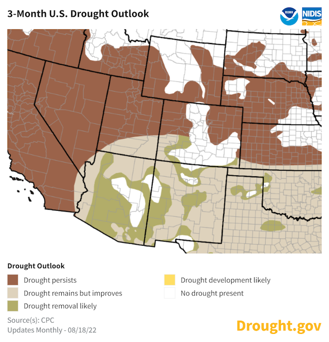 From August 18 to November 30, 2022, Current drought conditions over the Southern Plains are forecast to remain but improve.