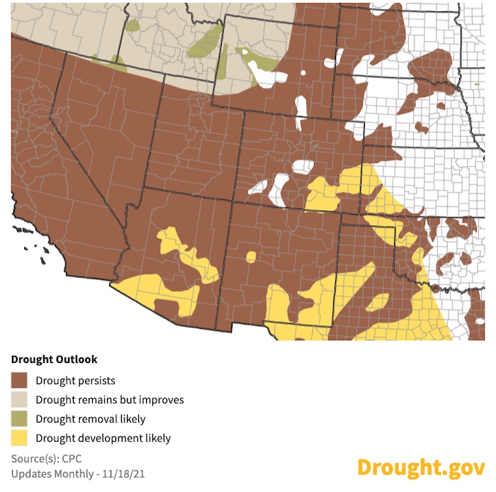 A map of the continental United States showing the probability drought conditions persisting, improving, or developing from November 18, 2021 to February 28, 2022. Current drought conditions over the western U.S. are forecast to persist.