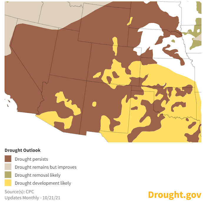 A map of the continental United States showing the probability drought conditions persisting, improving, or developing from October 21, 2021 to January 31, 2022. Current drought conditions over the western U.S. are forecast to persist.