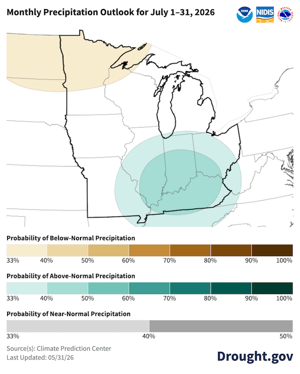  Monthly Precipitation Outlook map for July 1–31, 2026, showing the probability of precipitation deviations across the Midwest and Great Lakes regions. The legend includes categories for the probability of below-normal (tan/brown), above-normal (teal/green), and near-normal (gray) precipitation. The map indicates a 33%–50% probability of above-normal precipitation across Kentucky, Ohio, Illinois, Missouri, and Indiana. The map indicates a 33–40% probability of below-normal precipitation over northern Minnesota. 