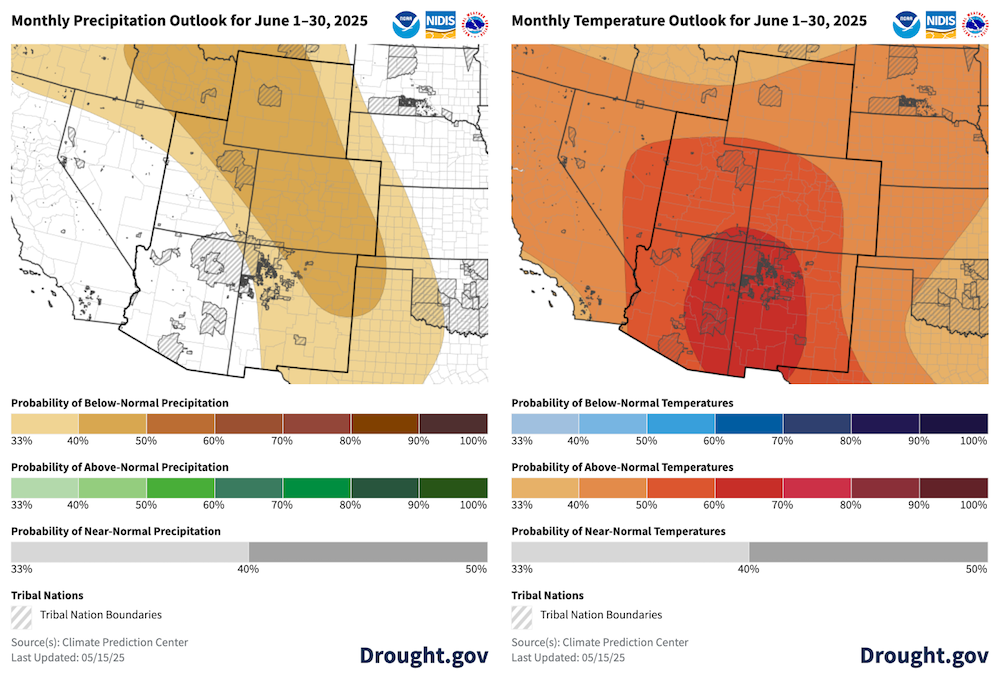 In the next month, outlooks favor above-average temperatures in the Four Corner states. Precipitation leans toward below-normal precipitation for all states except Arizona.