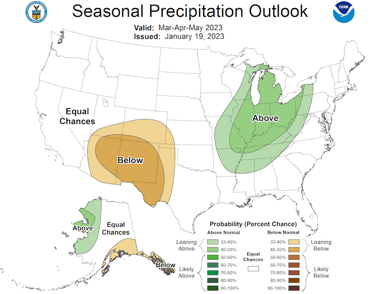 From March to May 2023, odds favor above-normal precipitation in western New York, with equal chances of above- or below-normal precipitation in the rest of the Northeast.