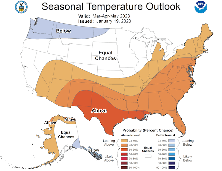 From March to May 2023, odds favor above-normal temperatures across the Northeast.