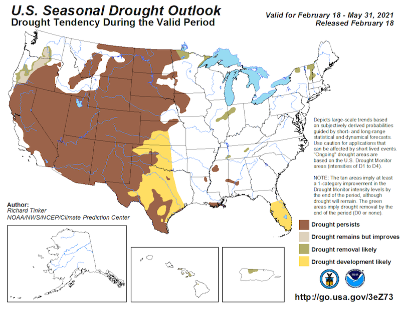 Climate Predication Center Seasonal Drought Outlook for March to May 2021. Drought is likely to persist across most of California and Nevada.