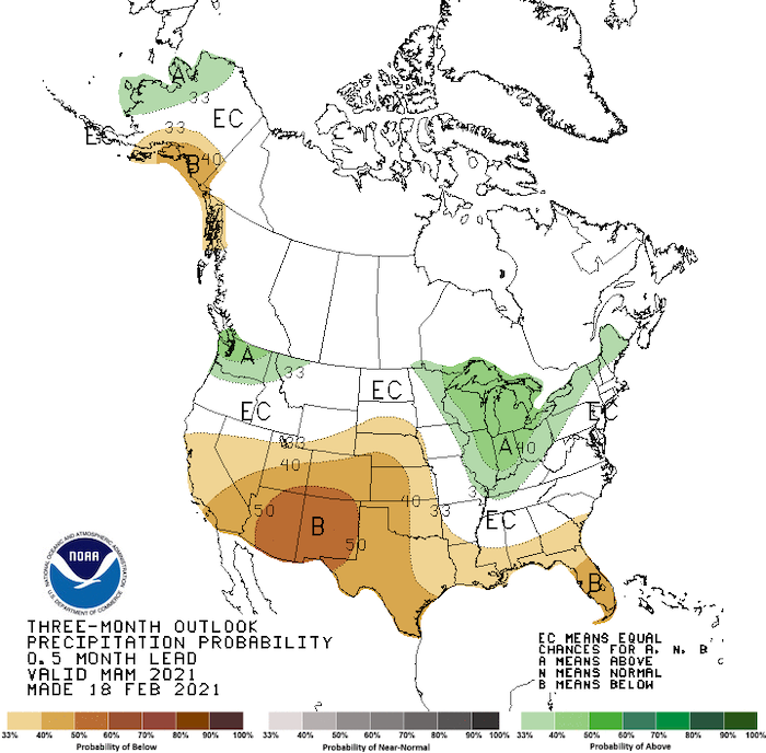 Climate Prediction Center 3-month precipitation outlook, showing the probability of exceeding the median precipitation for the months of March through May 2021. Odds favor below normal precipitation for most of the Intermountain West while odds favor above normal precipitation for the northwest and the Great Lakes regions.