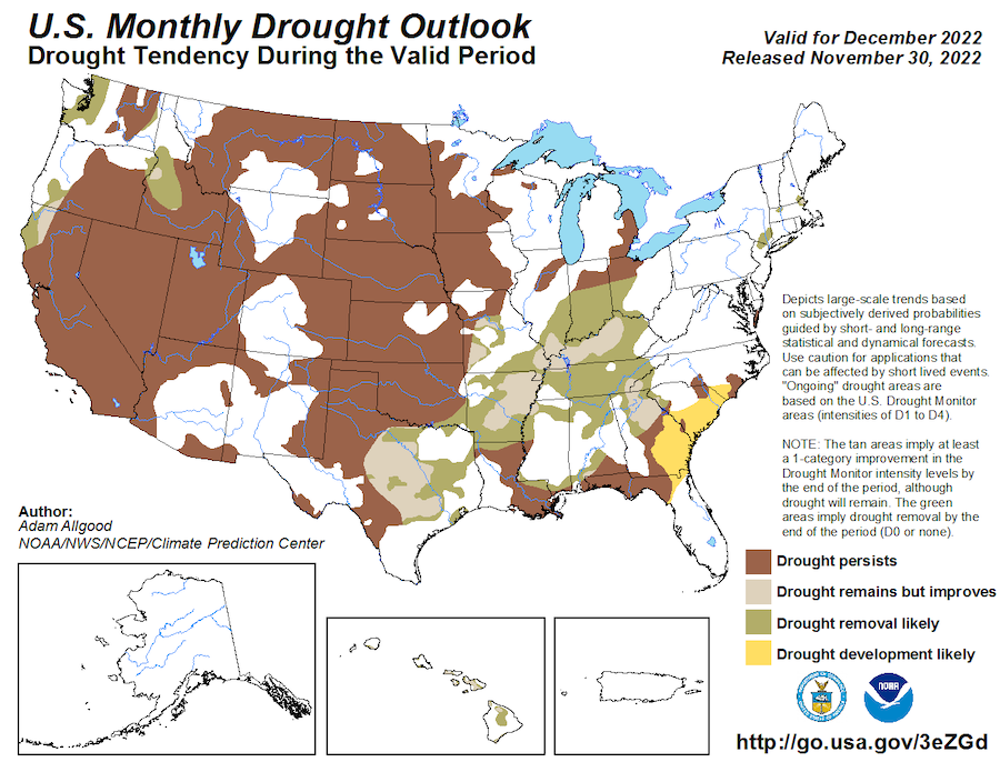 The December drought outlook predicts some drought improvement or removal for the Northwest, while drought is expected to persist in drought-stricken areas of the Southwest.