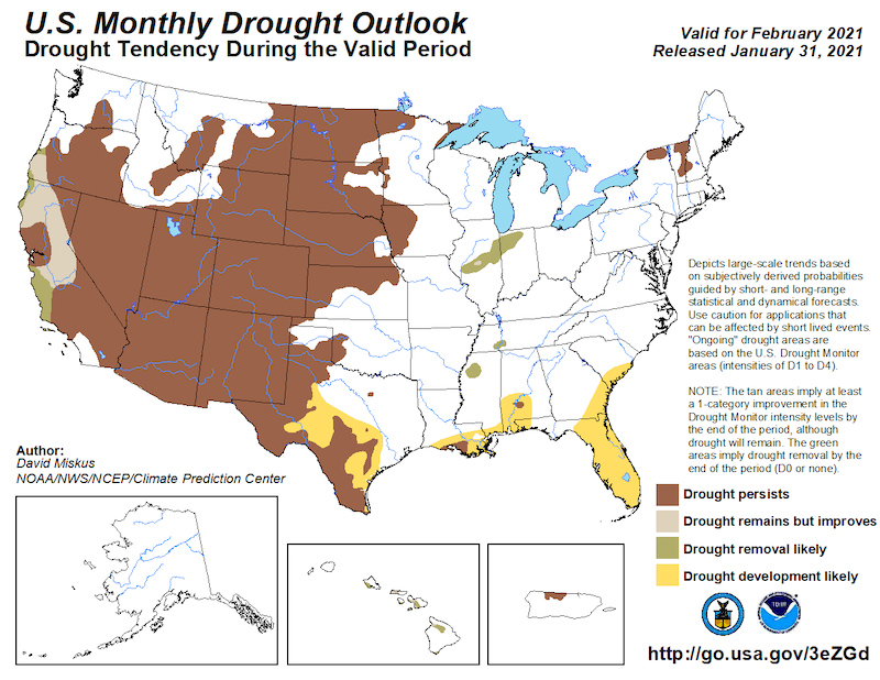 Climate Predication Center Monthly Drought Outlook for February 2021, predicting the probability that drought will emerge, stay the same, or get better. It is probable that drought will either be removed or remain but improve in areas of north and central California.