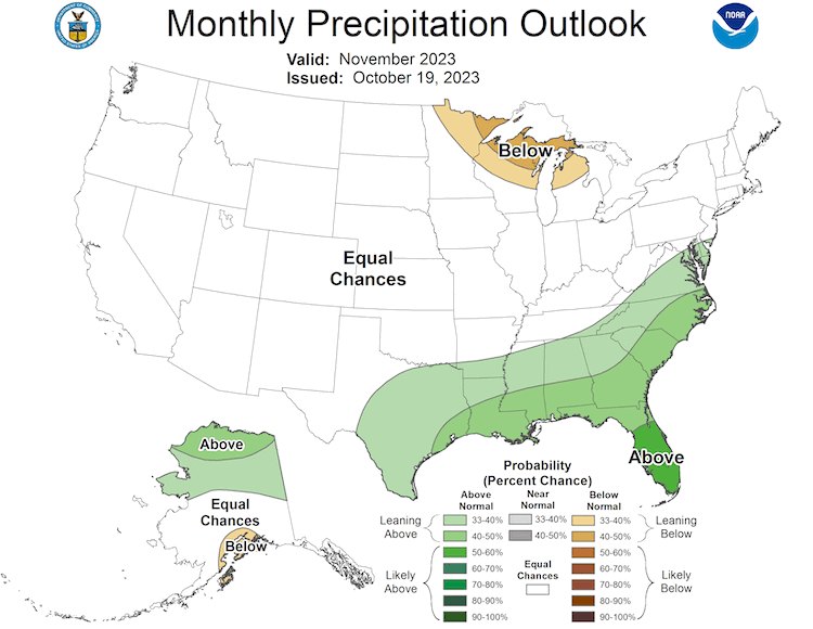 For November 2023, odds favor below-normal precipitation for northeastern Minnesota and northern Wisconsin and Michigan. There are equal chances of above- or below-normal precipitation in the rest of the Midwest.