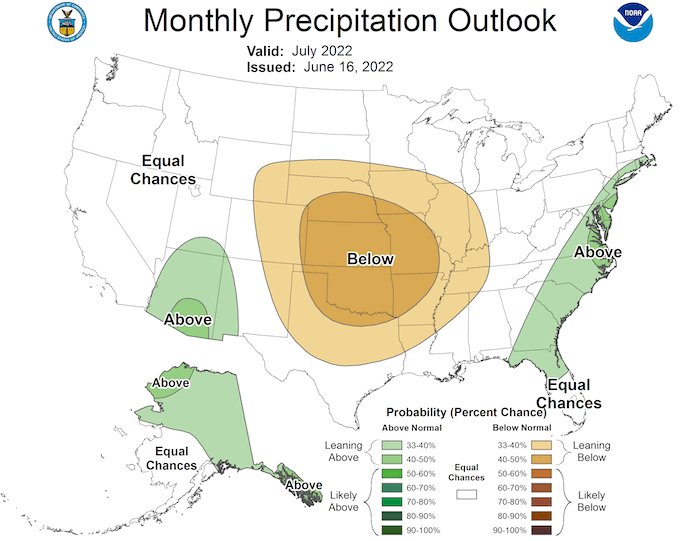 The monthly outlook for July 2022 shows an increased probability of below-normal precipitation for Kansas, Oklahoma, northern Texas, and the plains of eastern New Mexico.