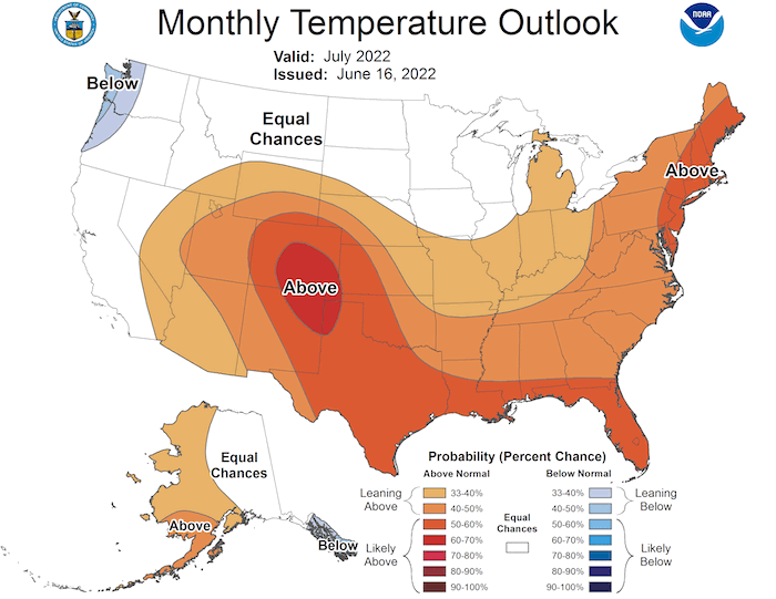 The monthly outlook for July 2022 shows an increased probability of above-normal temperatures across the Intermountain West.