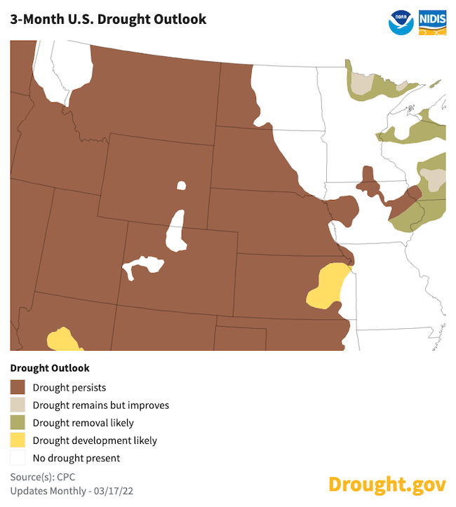 3-month drought outlook for the Missouri River Basin. Drought is expected to persist or intensify across the entire basin, with the potential for drought development in eastern Kansas.