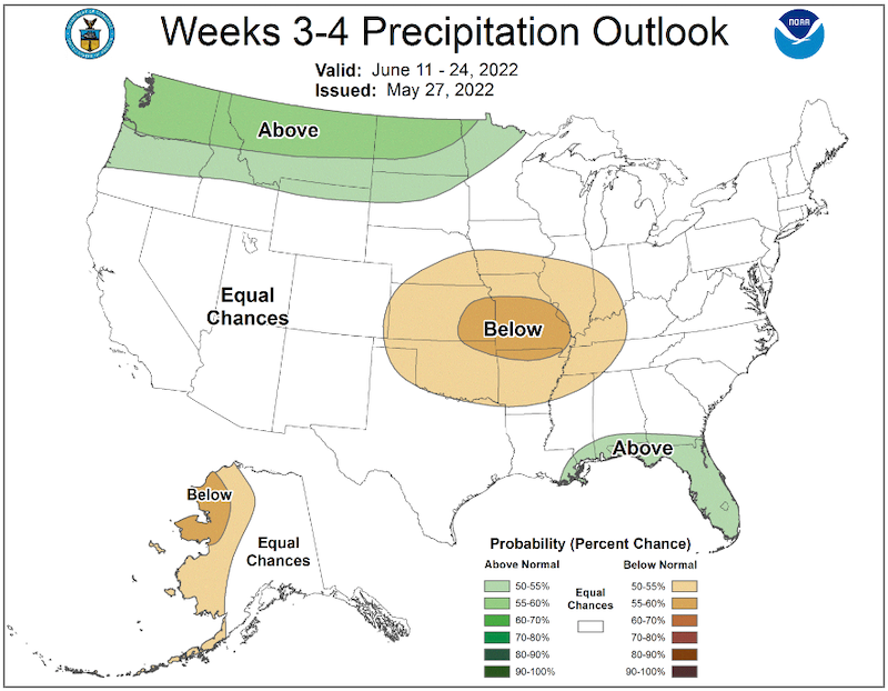 From June 11–24, 2022, most of the Northeast region has equal chances of above-, below-, or near-normal precipitation.
