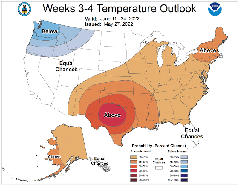 From June 11–24, 2022, most of the Northeast region has increased chances of above-normal temperatures.