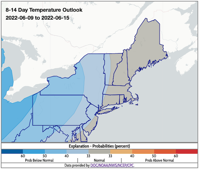 New York and western areas of Vermont, Massachusetts, and Connecticut have a greater likelihood of below-normal temperatures from June 9–15. Odds favor near-normal temperatures for the rest of the region.
