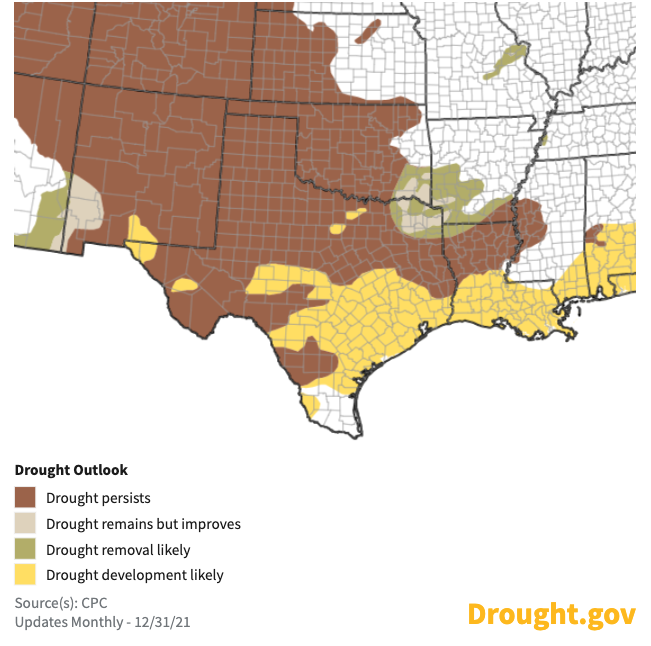 Climate Prediction Center's seasonal drought outlook, predicting where drought is likely to worsen, improve, or remain the same from January to March 2022.